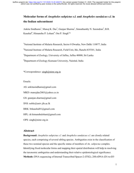 Molecular Forms of Anopheles Subpictus S.L. and Anopheles Sundaicus S.L. in the Indian Subcontinent