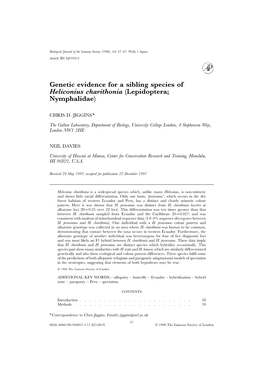 Genetic Evidence for a Sibling Species of Heliconius Charithonia (Lepidoptera; Nymphalidae)