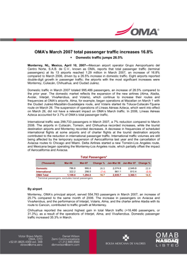 OMA's March 2007 Total Passenger Traffic Increases 16.8%