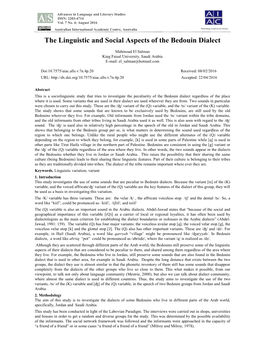 The Linguistic and Social Aspects of the Bedouin Dialect