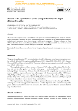 Zootaxa, Revision of the Myopa Testacea Species-Group in The