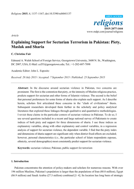 Explaining Support for Sectarian Terrorism in Pakistan: Piety, Maslak and Sharia