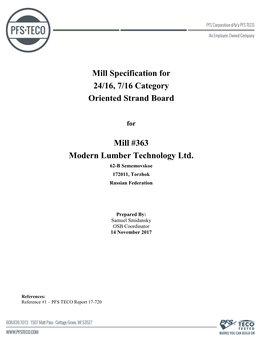 Mill Specification for 24/16, 7/16 Category Oriented Strand Board