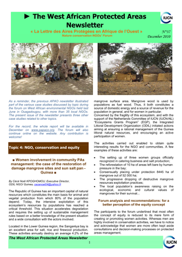 The West African Protected Areas Newsletter « La Lettre Des Aires Protégées En Afrique De L’Ouest » N°37 Nature Conservation Ngos’ Forum December 2010