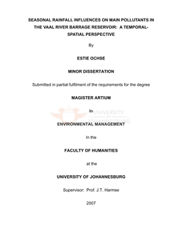 Main Pollutants in the Vaal River Barrage Over the Past 20 Years