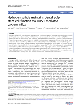 Hydrogen Sulfide Maintains Dental Pulp Stem Cell Function Via TRPV1