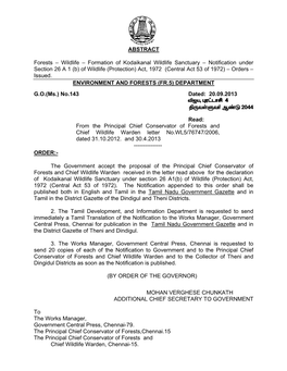 Formation of Kodaikanal Wildlife Sanctuary – Notification Under Section 26 a 1 (B) of Wildlife (Protection) Act, 1972 (Central Act 53 of 1972) – Orders – Issued