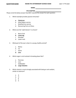 QUESTION BANK MAINE FFA VETERMINARY SCIENCE EXAM Page 1 of 56 Pages