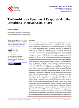 The World in an Equation: a Reappraisal of the Lemaître's