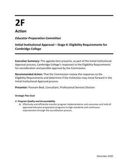 Cambridge College Stage II Initial Institutional Approval December