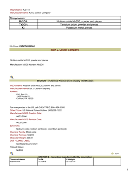 Components: Nb2o5 : Niobium Oxide Nb2o5, Powder and Pieces Ta2o5 : Tantalum Oxide, Powder and Pieces K : Potassium Metal, Pieces