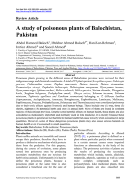 A Study of Poisonous Plants of Balochistan, Pakistan