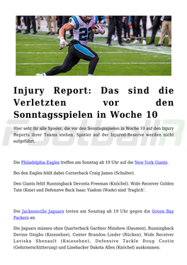 Injury Report: Das Sind Die Verletzten Vor Den Sonntagsspielen in Woche 10