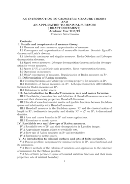 AN INTRODUCTION to GEOMETRIC MEASURE THEORY and an APPLICATION to MINIMAL SURFACES ( DRAFT DOCUMENT) Academic Year 2018/19 Francesco Serra Cassano