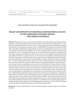 RELIEF and DEPOSITS of EROSIONAL-DENUDATIONAL VALLEYS in the CARPATHIAN FOOTHILL Region – the Wiśnicz FOOTHILLS