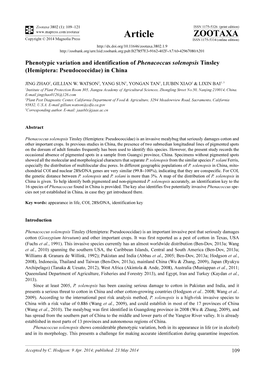 Phenotypic Variation and Identification of Phenacoccus Solenopsis Tinsley (Hemiptera: Pseudococcidae) in China