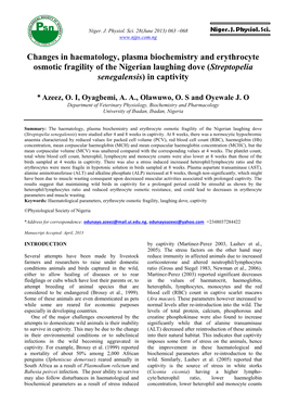 Changes in Haematology, Plasma Biochemistry and Erythrocyte Osmotic Fragility of the Nigerian Laughing Dove (Streptopelia Senegalensis) in Captivity