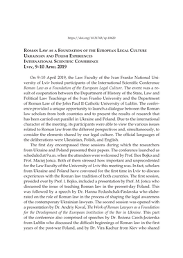 Roman Law As a Foundation of the European Legal Culture Ukrainian and Polish Experiences International Scientific Conference Lviv, 9–10 April 2019