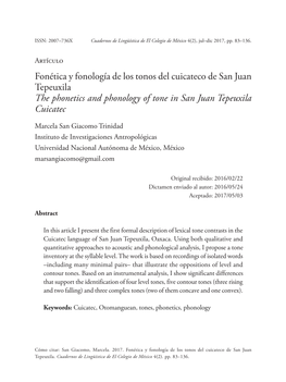 Fonética Y Fonología De Los Tonos Del Cuicateco De San Juan Tepeuxila the Phonetics and Phonology of Tone in San Juan Tepeuxila Cuicatec