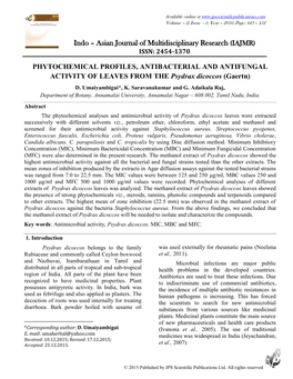 PHYTOCHEMICAL PROFILES, ANTIBACTERIAL and ANTIFUNGAL ACTIVITY of LEAVES from the Psydrax Dicoccos (Gaertn) D