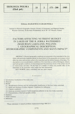 Factors Affecting Nutrient Budget in Lakes of the R. Jorka Watershed (Masurian Lakeland, Poland) I