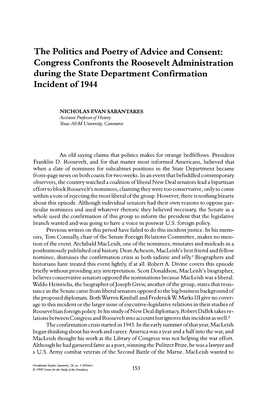 The Politics and Poetry of Advice and Consent: Congress Confronts the Roosevelt Administration During the State Department Confirmation Incident of 1944