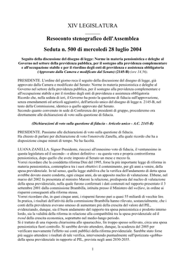 XIV LEGISLATURA Resoconto Stenografico Dell'assemblea Seduta