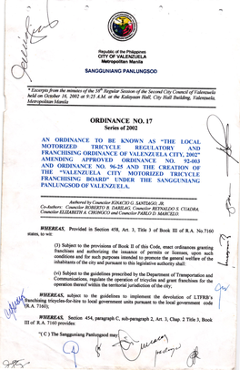 Motorized Tricycle Regulatory and Franchising Ordinance of Valenzuela City, 2002