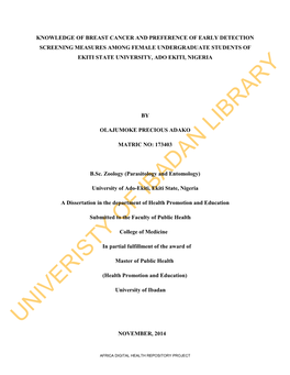 Knowledge of Breast Cancer and Preference of Early Detection Screening Measures Among Female Undergraduate Students of Ekiti State University, Ado Ekiti, Nigeria