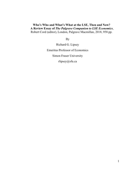 A Review Essay of the Palgrave Companion to LSE Economics, Robert Cord (Editor), London, Palgrave Macmillan, 2018, 958 Pp