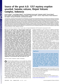 Source of the Great A.D. 1257 Mystery Eruption Unveiled, Samalas Volcano, Rinjani Volcanic Complex, Indonesia
