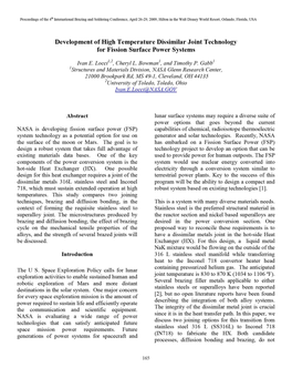 Development of High Temperature Dissimilar Joint Technology for Fission Surface Power Systems