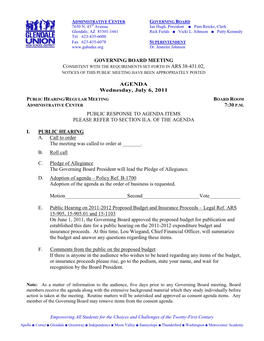 Governing Board Meeting Consistent with the Requirements Set Forth in Ars 38-431.02, Notices of This Public Meeting Have Been Appropriately Posted