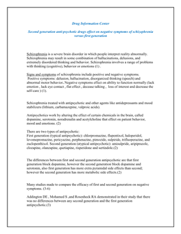 Second Generation Anti-Psychotic Drugs Effect on Negative Symptoms of Schizophrenia Versus First Generation