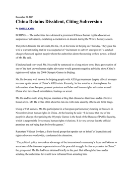 China Detains Dissident, Citing Subversion