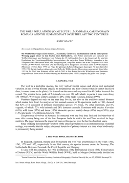 The Wolf Populations (Canis Lupus L., Mammalia, Carnivora) in Romania and the Human Impact Over the Last Two Centuries