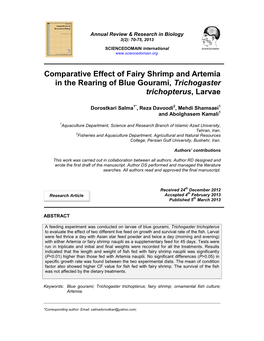 Comparative Effect of Fairy Shrimp and Artemia in the Rearing of Blue Gourami, Trichogaster Trichopterus, Larvae