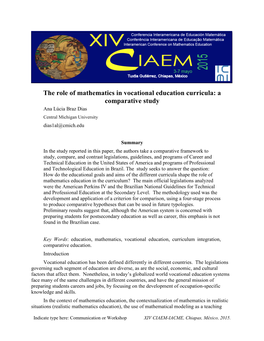 The Role of Mathematics in Vocational Education Curricula: a Comparative Study Ana Lúcia Braz Dias Central Michigan University Dias1al@Cmich.Edu