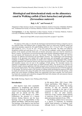 Histological and Histochemical Study on the Alimentary Canal in Walking Catfish (Claris Batrachus) and Piranha (Serrasalmus Nattereri)