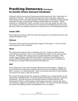 Practicing Democracy Final Report by Jennifer Girard, Outreach Coordinator