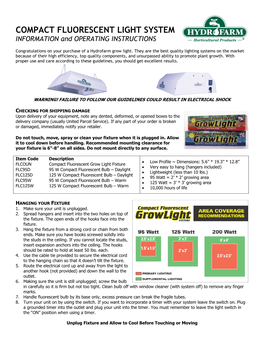 COMPACT FLUORESCENT LIGHT SYSTEM INFORMATION and OPERATING INSTRUCTIONS