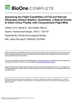 Assessing the Flight Capabilities of Fed and Starved Allograpta Obliqua (Diptera: Syrphidae), a Natural Enemy of Asian Citrus Psyllid, with Computerized Flight Mills