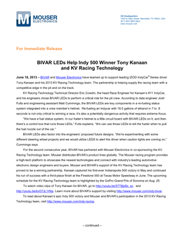 BIVAR Leds Help Indy 500 Winner Tony Kanaan and KV Racing Technology