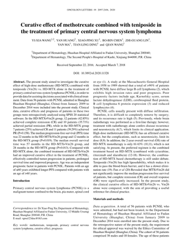 Curative Effect of Methotrexate Combined with Teniposide in the Treatment of Primary Central Nervous System Lymphoma