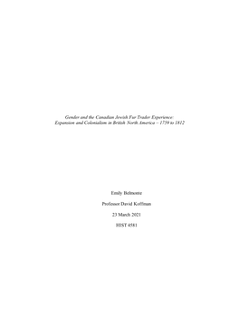 Gender and the Canadian Jewish Fur Trader Experience: Expansion and Colonialism in British North America – 1759 to 1812