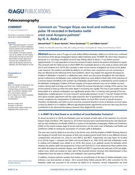 Comment on Younger Dryas Sea Level and Meltwater Pulse 1B Recorded in Barbados Reefal Crest Coral Acropora Palmata by N. A. Abdu