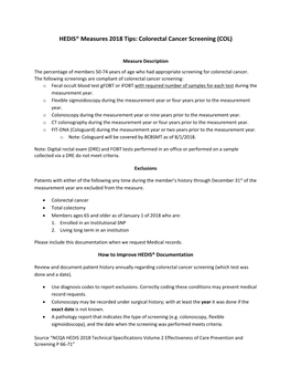 HEDIS® Measures 2018 Tips: Colorectal Cancer Screening (COL)