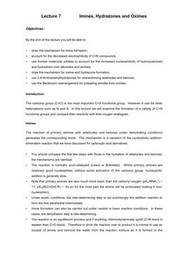 Lecture 7 Imines, Hydrazones and Oximes