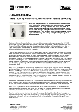 JULIA HOLTER (USA) «Have You in My Wilderness» (Domino Records, Release: 25.09.2015)