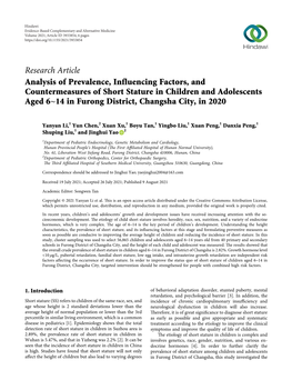 Analysis of Prevalence, Influencing Factors, and Countermeasures of Short Stature in Children and Adolescents Aged 6∼14 in Furong District, Changsha City, in 2020